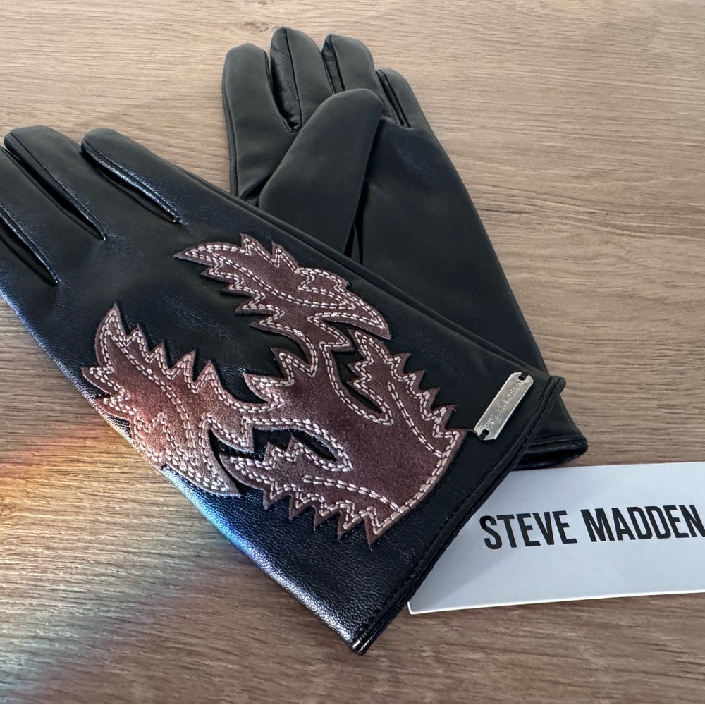 Steve Madden Black Gloves with Brown Embroidery